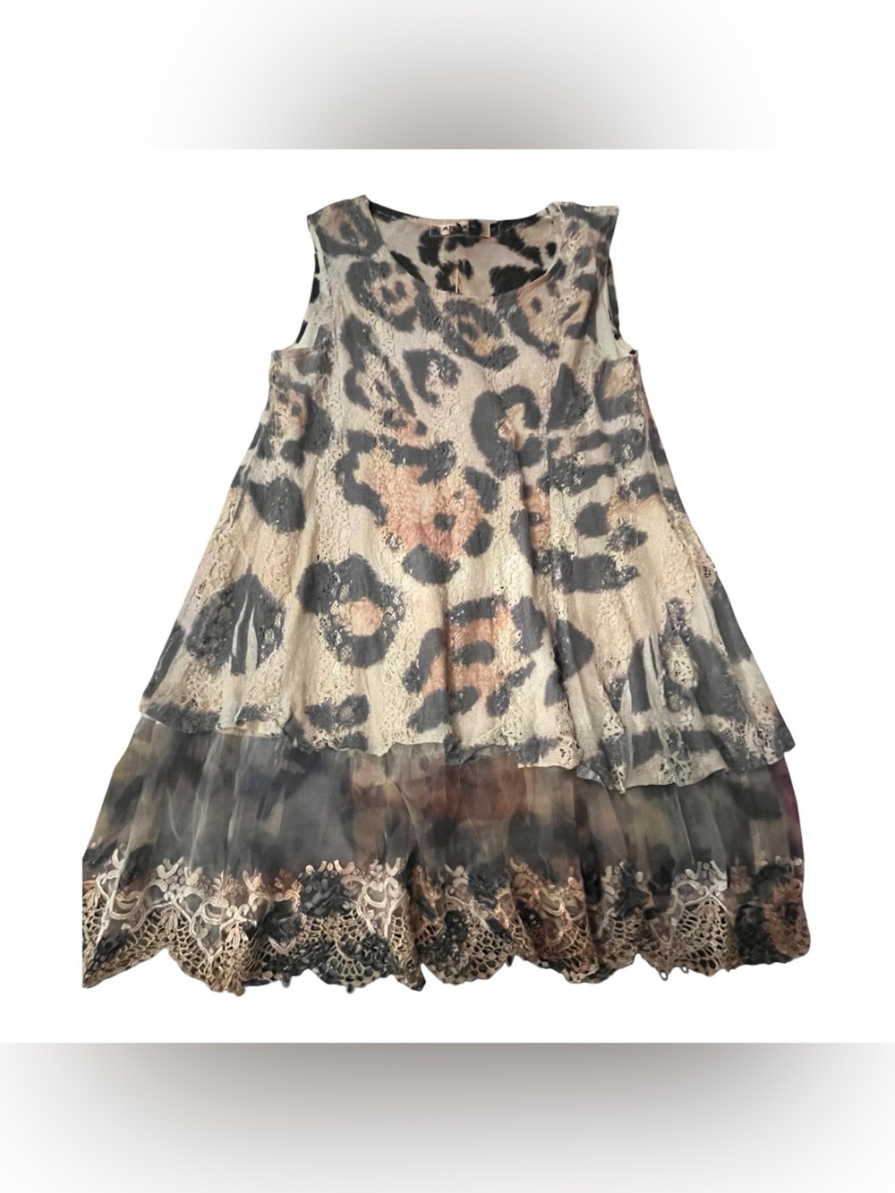 Origami Sleeveless Leopard-Print Lace Swing Tunic in Beige and Black